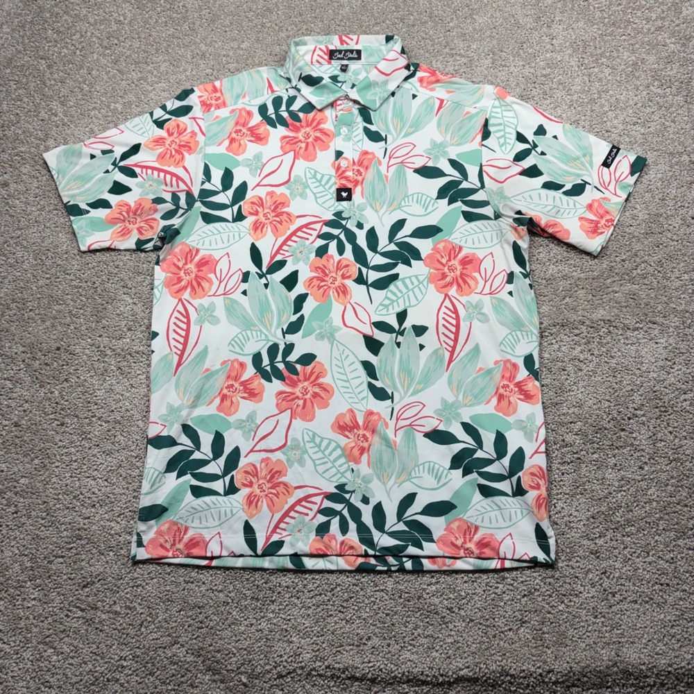 Bad Birdie Mens Floral Golf Polo Shirt White Pink Green Performance Stretch L‎